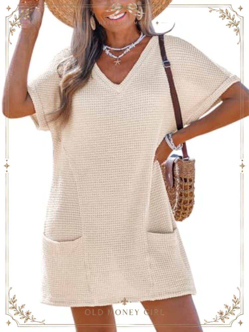 Waffle Knit V Neck Short Sleeve Swim Coverup Dress with Pockets